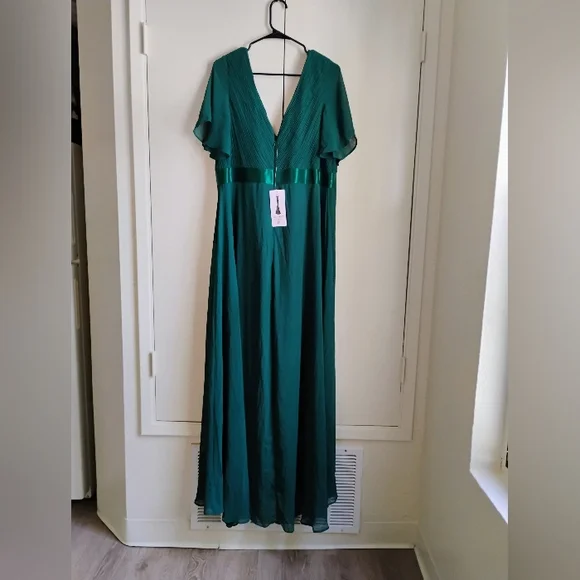 Long Chiffon Empire Waist Bridesmaid Dress with Short Flutter Sleeves ~ Emerald - Picture 5 of 14